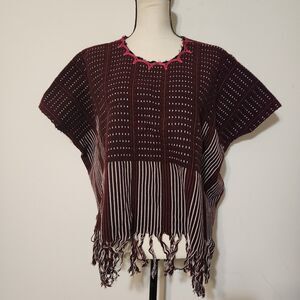 Guatemala Woven Huipil Pullover Burgundy Top Handmade textile poncho blouse Maya